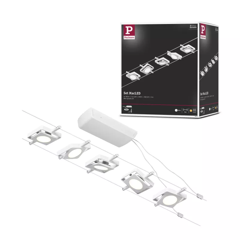 Kit base para sistema de cable LED MacLED CorDuo 5x250lm 5x4.5W 3000K 230/12V Blanco