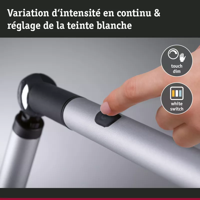 Lámpara de escritorio LED con regulador de intensidad de 3 pasos, barra flexible, interruptor blanco, 700 lm, 9,5 W, color plata