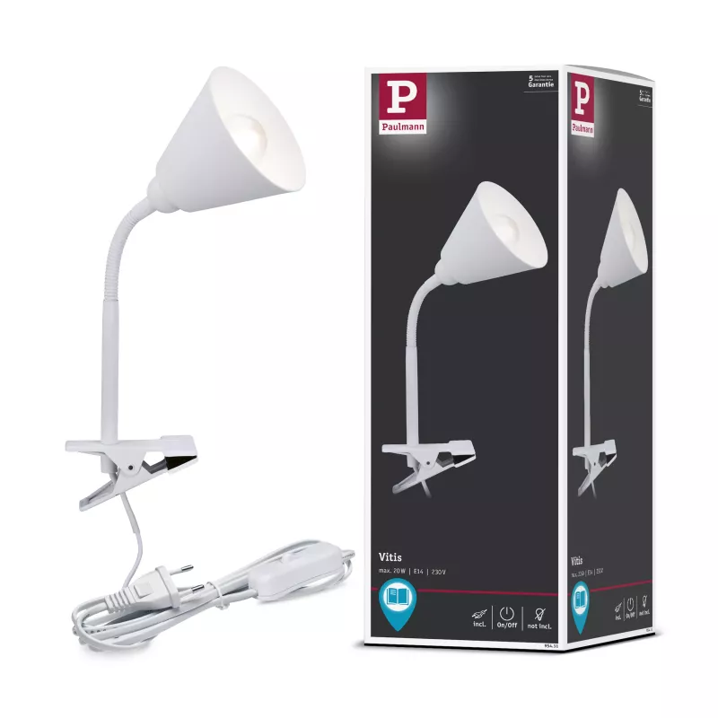 Pinza de contacto Vitis, interruptor de cable con brazo flexible, color blanco, 230 V, casquillo E14