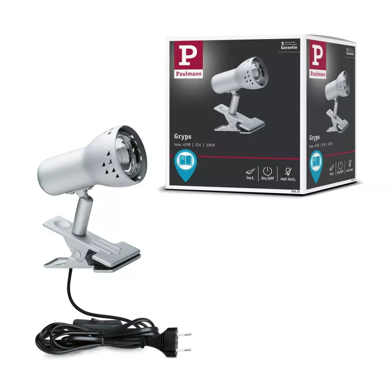 Gryps Clip-on Spotlight, Brushed Steel, 230V, E14