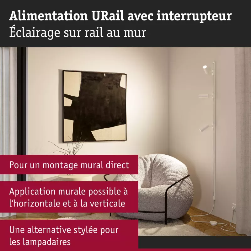 ,URail Alimentation électrique Câble avec interrupteur 2,,4m max. 1000W Blanc signal,