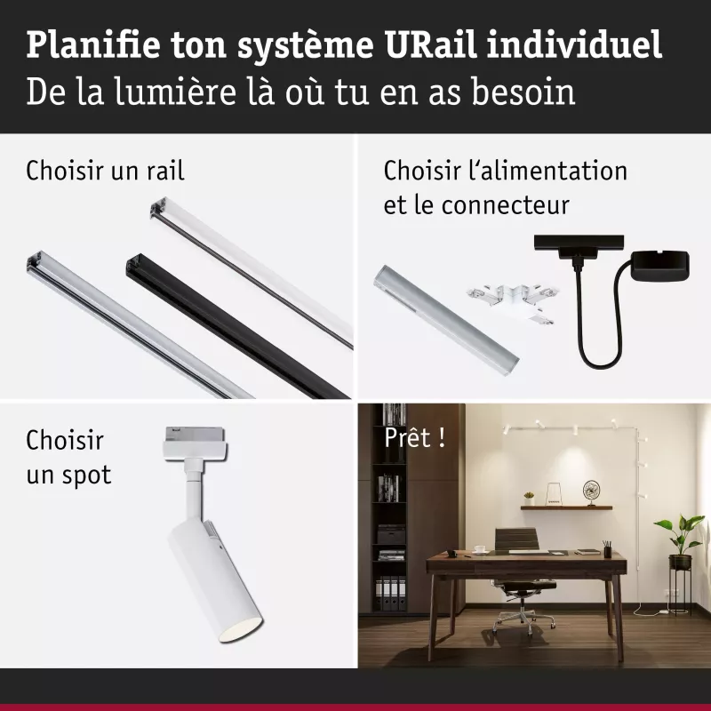 ,URail Alimentation électrique Câble avec interrupteur 2,,4m max. 1000W Blanc signal,