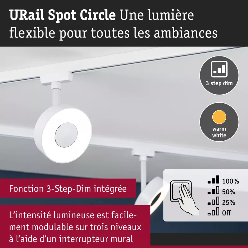 URail Spot sur rail 3-Step-Dim Circle 280lm 5W 3000K gradable 230V Blanc signal PAULMANN 20 - Cimaise Tableau 