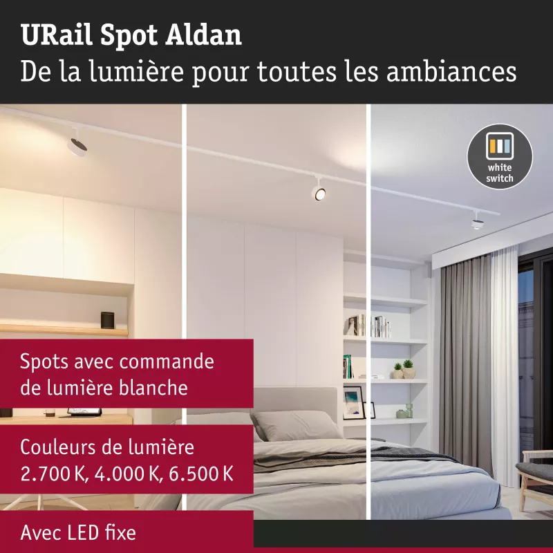 URail Spot sur rail Aldan Spot individuel 500lm 8W White Switch 230V Blanc signal