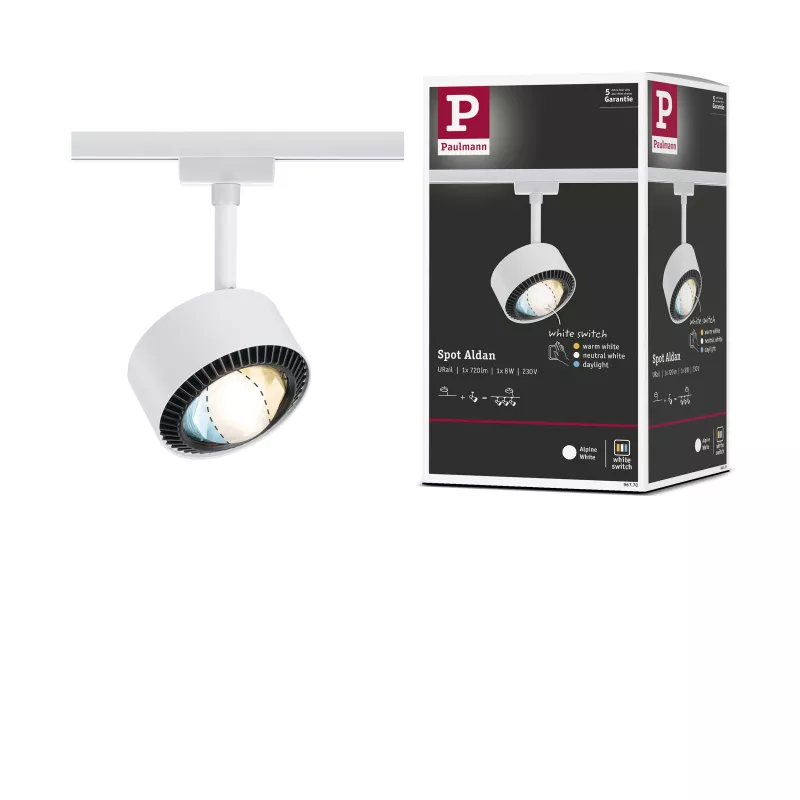 URail Spot sur rail Aldan Spot individuel 500lm 8W White Switch 230V Blanc signal
