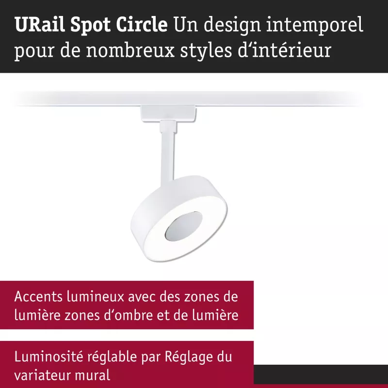 Foco circular para riel URail, 180 lm, 5 W, 3000 K, regulable, 230 V, color blanco señal. PAULMANN 21 - Cimaise Tableau 