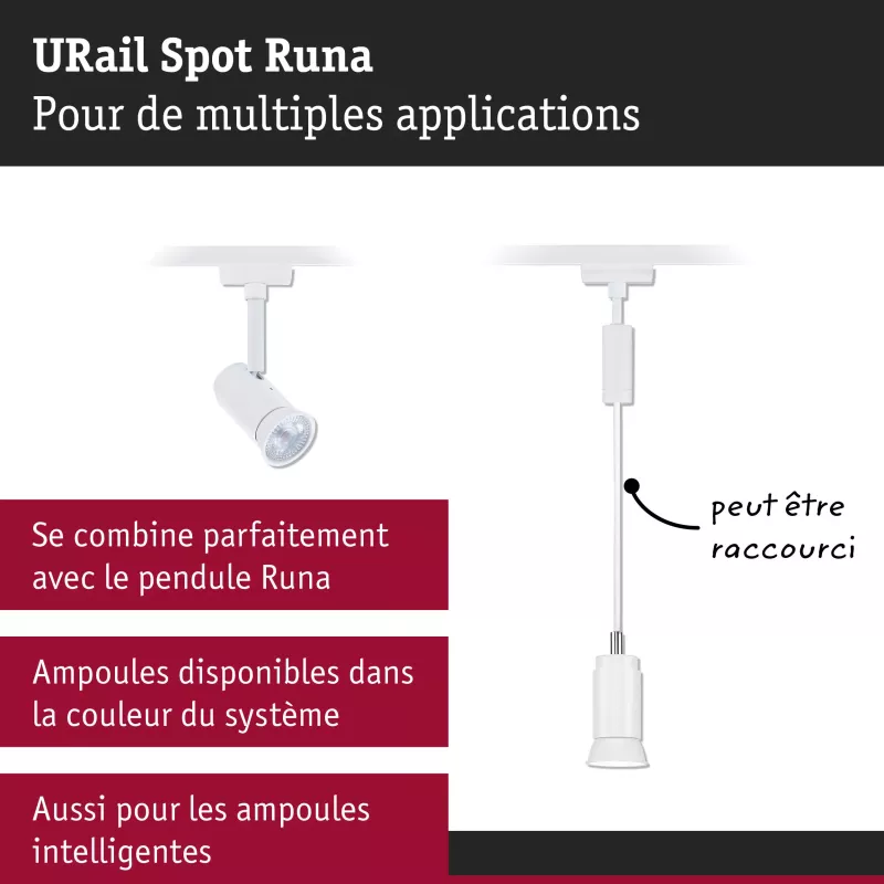 URail Spot sur rail Runa Spot individuel GU10 max. 10W gradable 230V Blanc signal