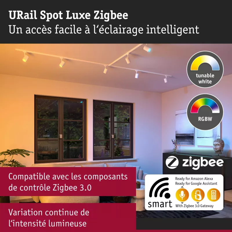 ,URail Spot sur rail Smart Home Zigbee 3.0 Luxe GU10 350lm 4,,8W RGBW+ gradable 230V Blanc signal,