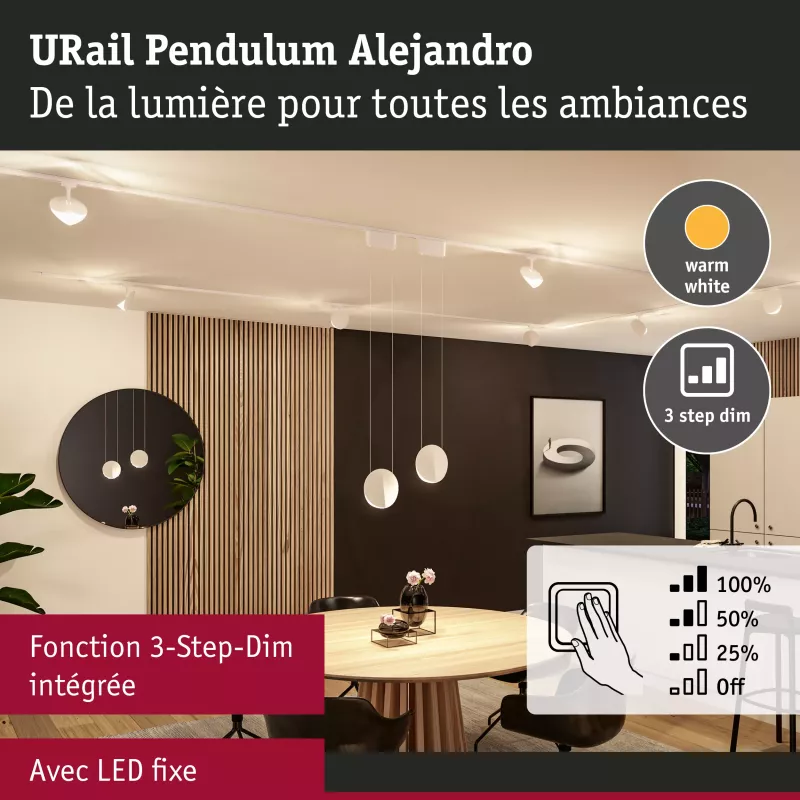 URail Suspension 3-Step-Dim Alejandro 800lm 10W 3000K gradable 230V Blanc signal
