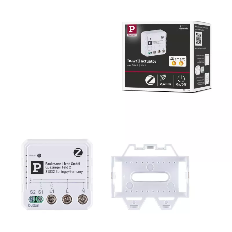 Actuador empotrable de encendido/apagado Zigbee 3.0 para hogar inteligente, color blanco.