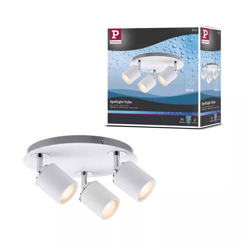 Spotlight Tube IP44 GU10 230V max. 3x10W gradable Blanc, Chrome