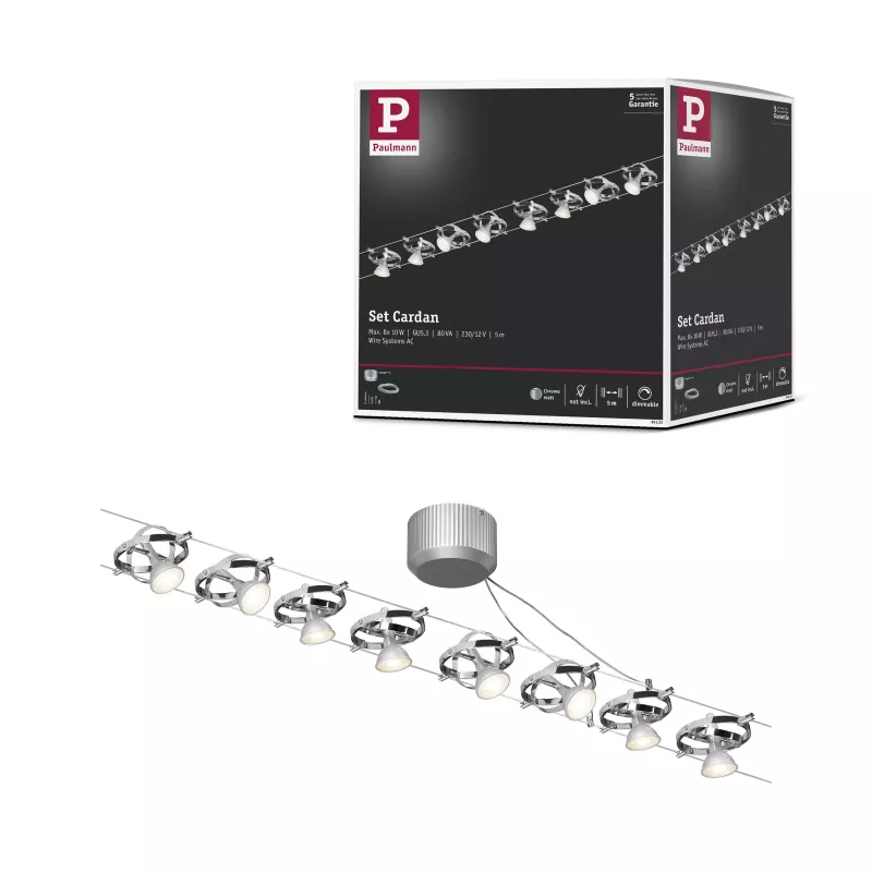 Cardan Cable System Basic Kit GU5.3 max. 8x10W dimmbar 230/12V Mattchrom, Chrom