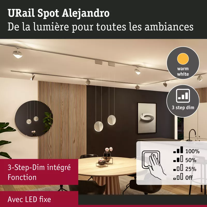 Foco para riel URail, atenuación en 3 pasos, Alejandro, 800 lm, 10 W, 3000 K, regulable, 230 V