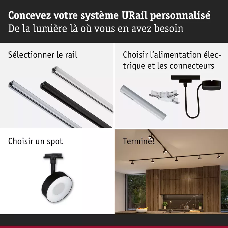 Foco URail para riel, regulable en 3 niveles, circular, 180 lm, 5 W, 2700-4000 K, 230 V, negro mate.