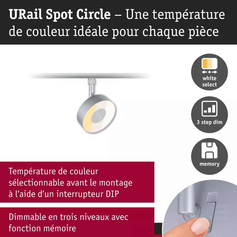 URail Spot sur rail 3-Step-Dim Circle 250lm 5W 2700 - 4000K gradable 230V Chrome mat