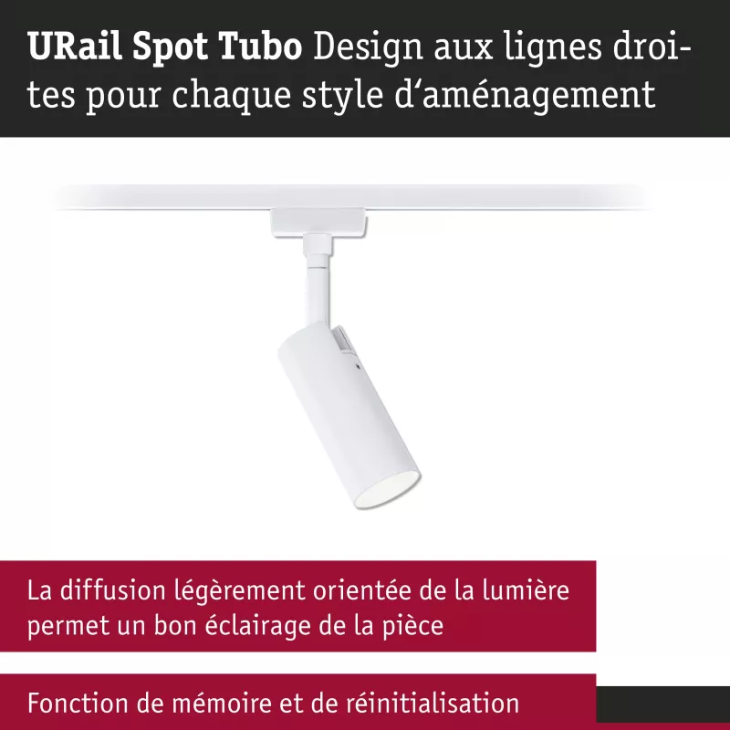 Foco para riel URail Tubo Individual con atenuación de 3 pasos, 150 lm, 4 W, 3000 K, regulable, 230 V, luz blanca.
