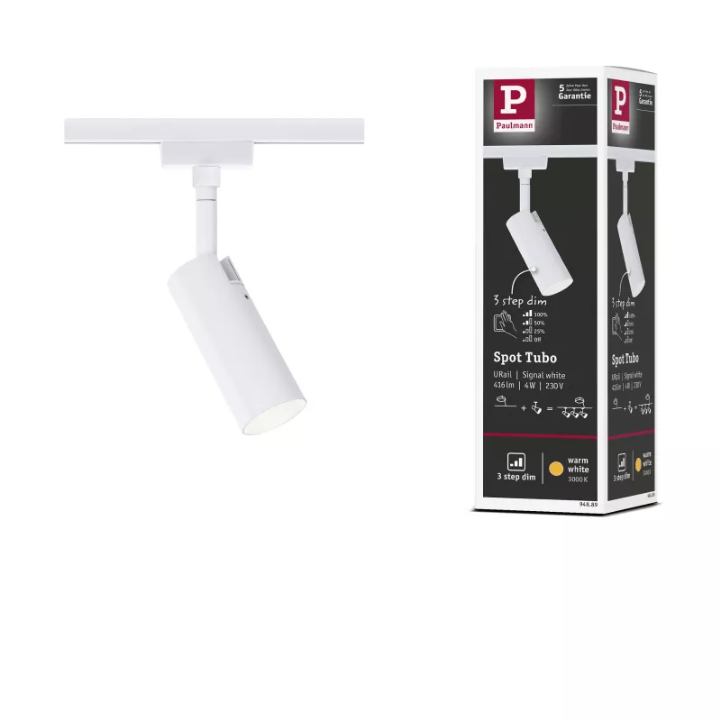 URail Spot sur rail 3-Step-Dim Tubo Spot individuel 150lm 4W 3000K gradable 230V Blanc signal