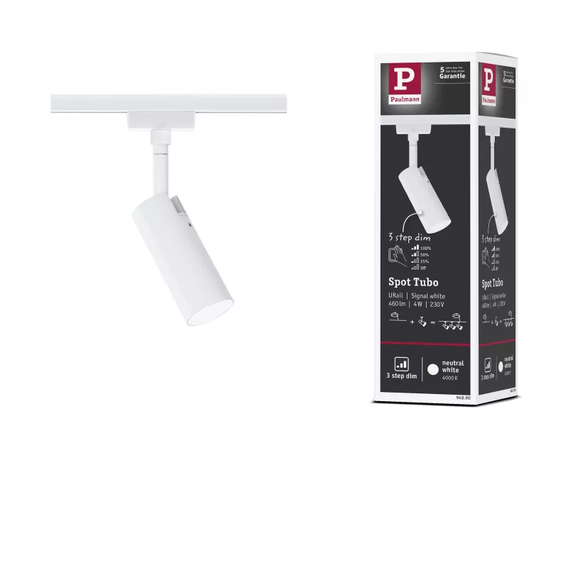 URail Spot sur rail 3-Step-Dim Tubo Spot individuel 170lm 4W 4000K gradable 230V Blanc signal