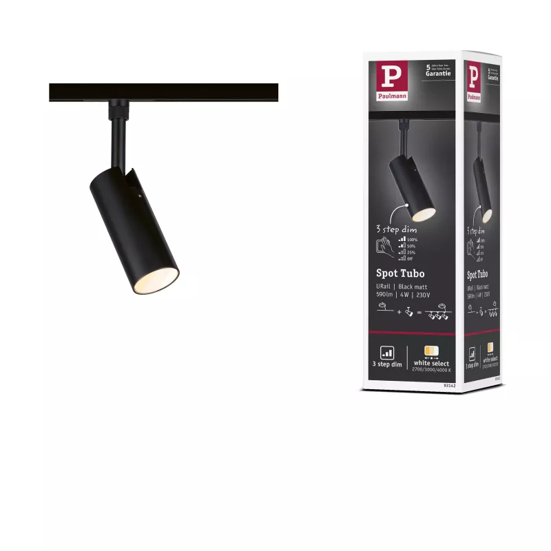 URail Spot sur rail 3-Step-Dim Tubo Spot individuel 200lm 4W 2700 - 4000K gradable 230V Noir mat