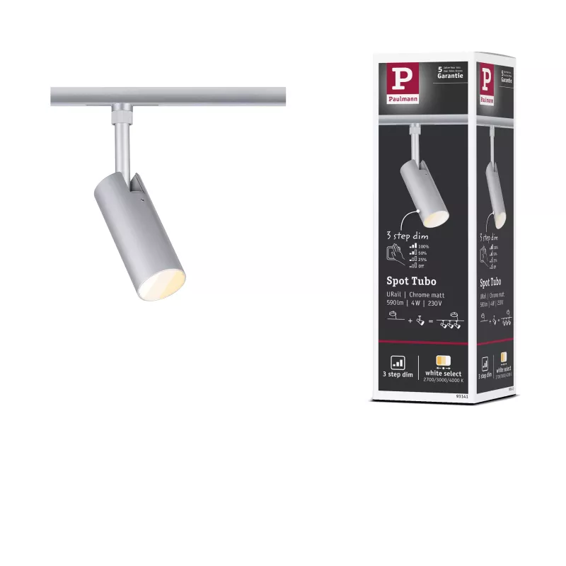 Foco individual Tubo para riel URail, regulable en 3 pasos, 300 lm, 4 W, 2700-4000 K, 230 V, acabado cromado mate.