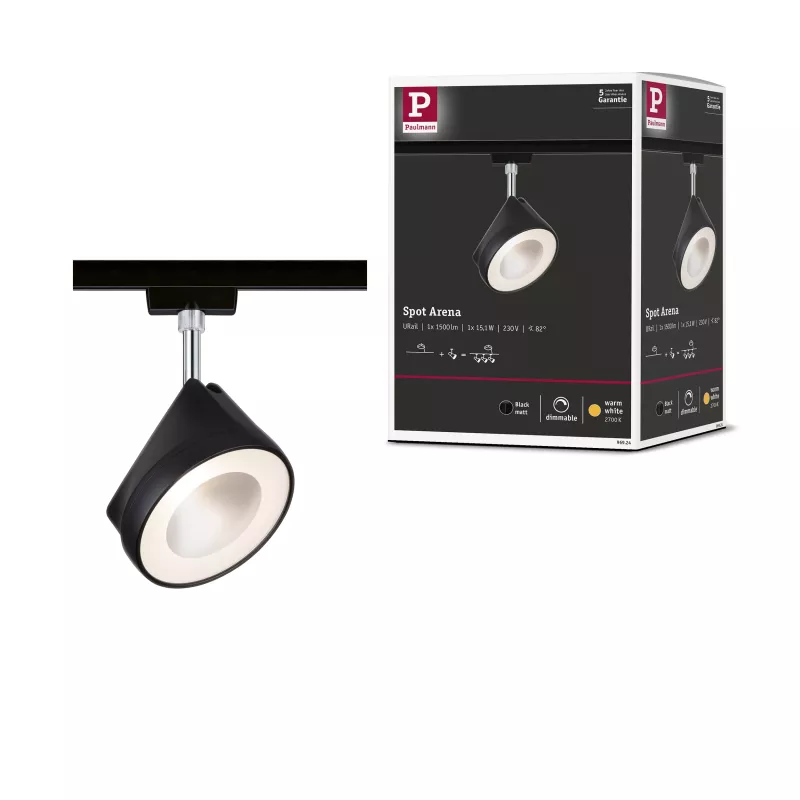 URail Arena Track Spot, Individual Spotlight, 800lm, 14W, 2700K, Dimmable, 230V, Matte Black, Chrome