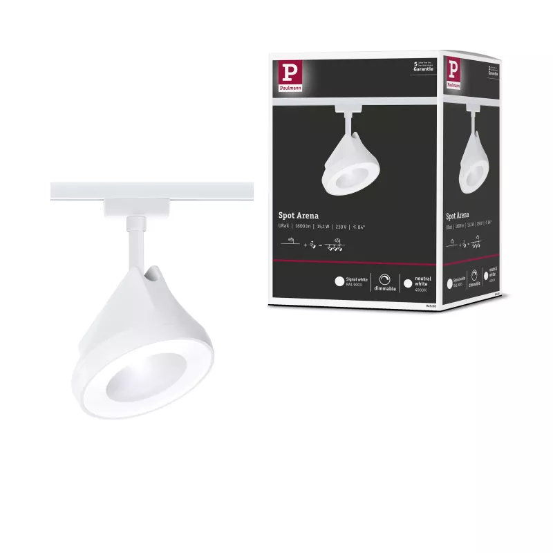 Foco individual para rieles URail Arena, 900 lm, 15,1 W, 4000 K, regulable, 230 V, luz blanca.