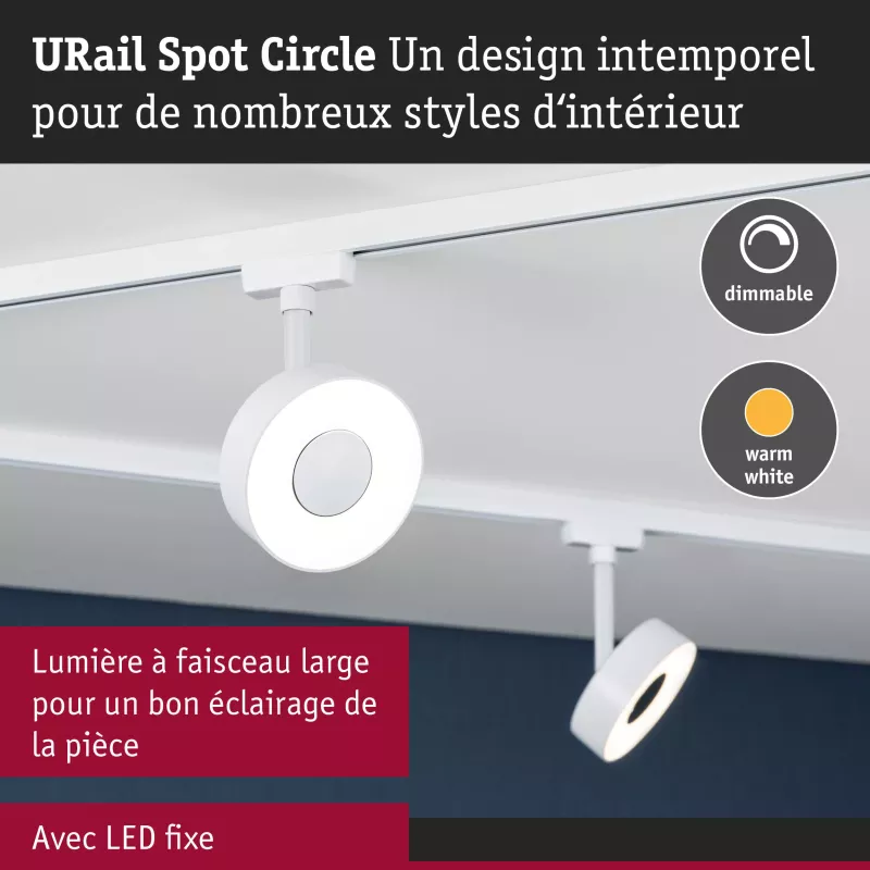 Foco circular para riel URail, 180 lm, 5 W, 3000 K, regulable, 230 V, color blanco señal.