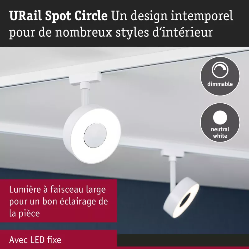 URail Spot sur rail Circle 190lm 5W 4000K gradable 230V Blanc signal