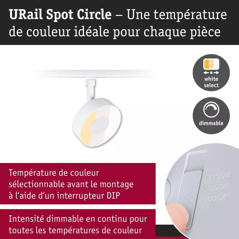 URail Spot sur rail Circle 250lm 5W 2700 - 4000K gradable 230V Blanc signal
