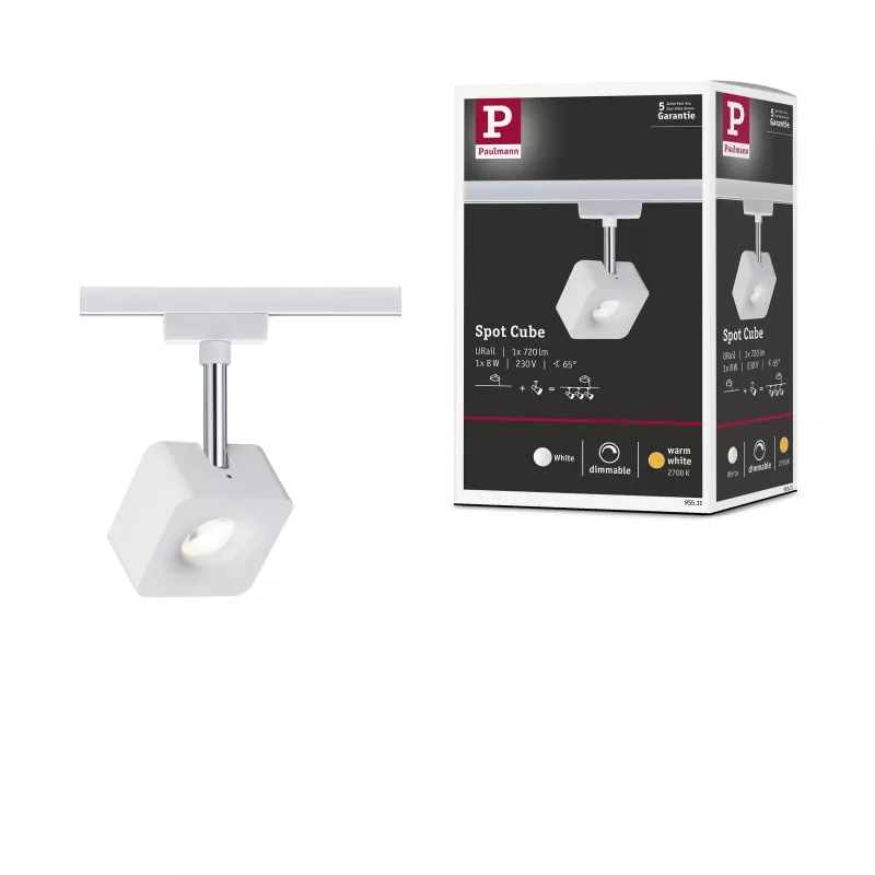 Foco individual cúbico para riel URail, 540 lm, 8 W, 2700 K, regulable, 230 V.
