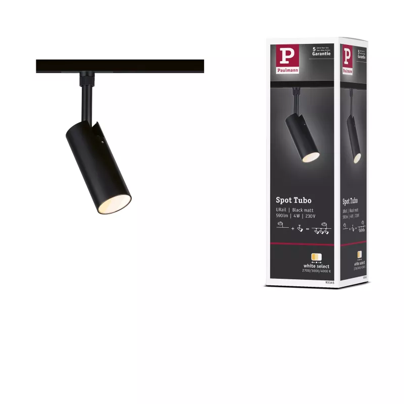 Foco individual URAil Track Spot Tubo 200lm 4W 2700 - 4000K 230V Negro mate