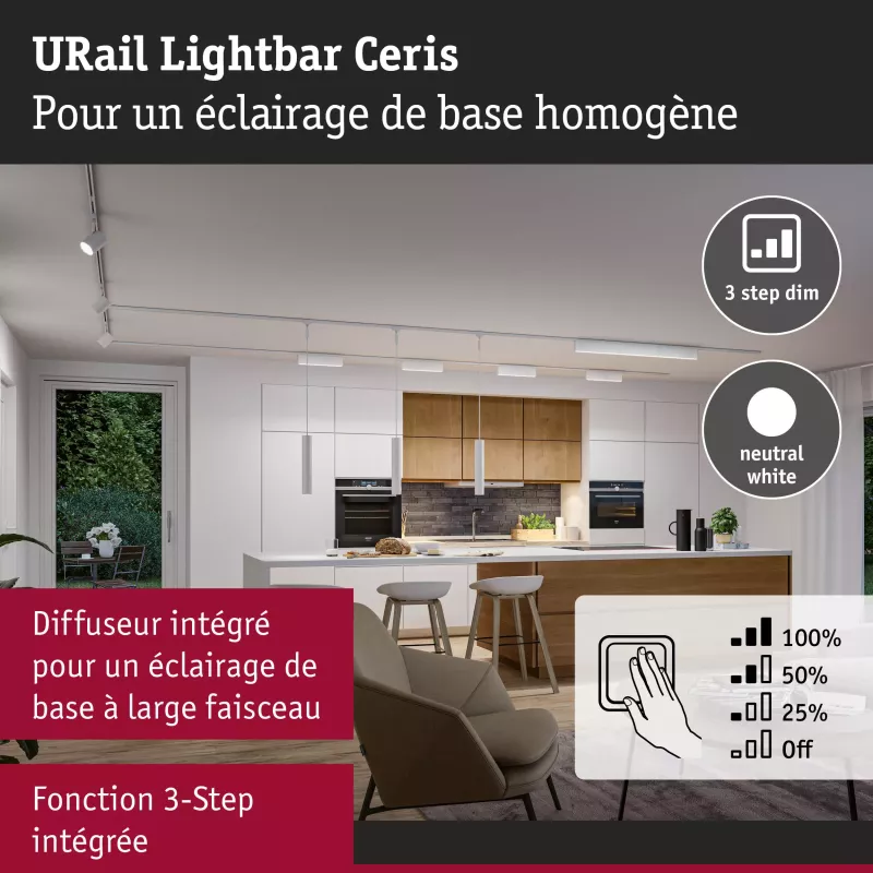 URail Lightbar 3-Step-Dim Ceris 850lm 9.5W 4000K dimmable 230V PAULMANN 29 - Cimaise Tableau 