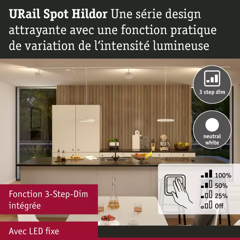 Foco para riel URail, atenuación en 3 pasos, Hildor, 850 lm, 15 W, 4000 K, regulable, 230 V