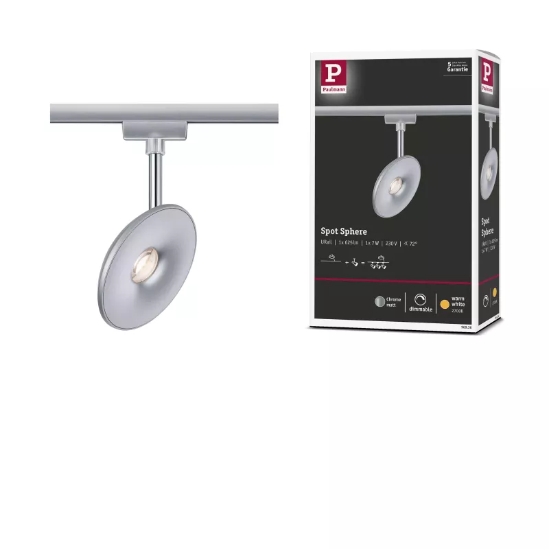 Foco individual esférico para riel URail, 493 lm, 7 W, 2700 K, regulable, 230 V.