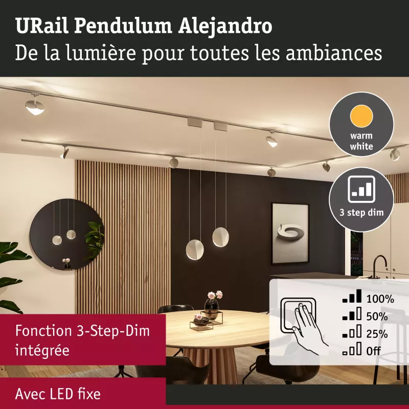 Lámpara colgante URail con atenuación en 3 pasos, modelo Alejandro, 800 lm, 10 W, 3000 K, regulable, 230 V. PAULMANN 34 - Cimais